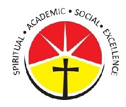 St. John Paul II Catholic Elementary School logo with a cross in a red and yellow circle